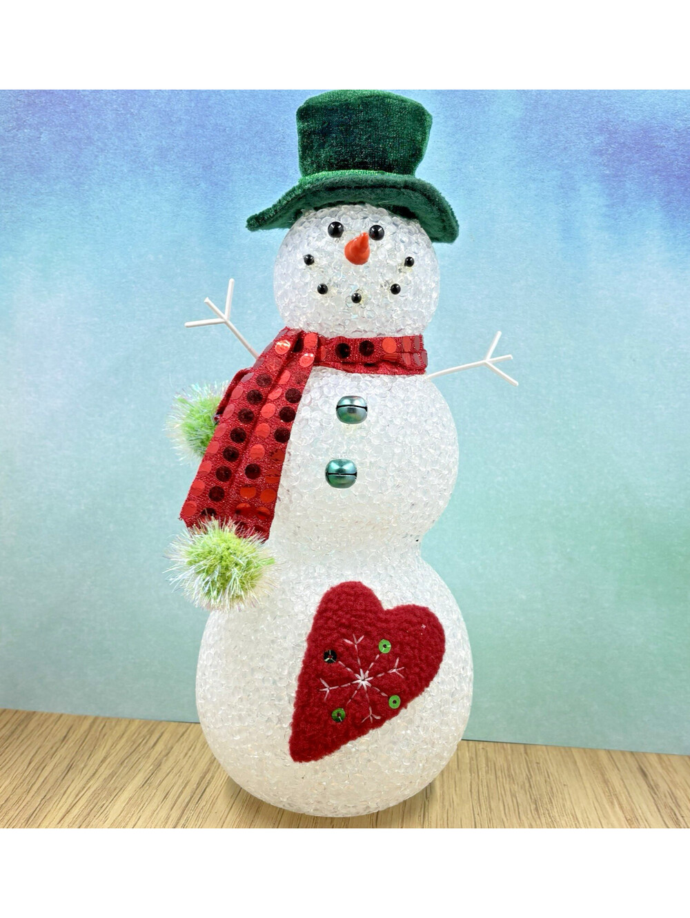 RARE Standing Crystalline Snowman Green Velvet Hat Red Sequin Scarf